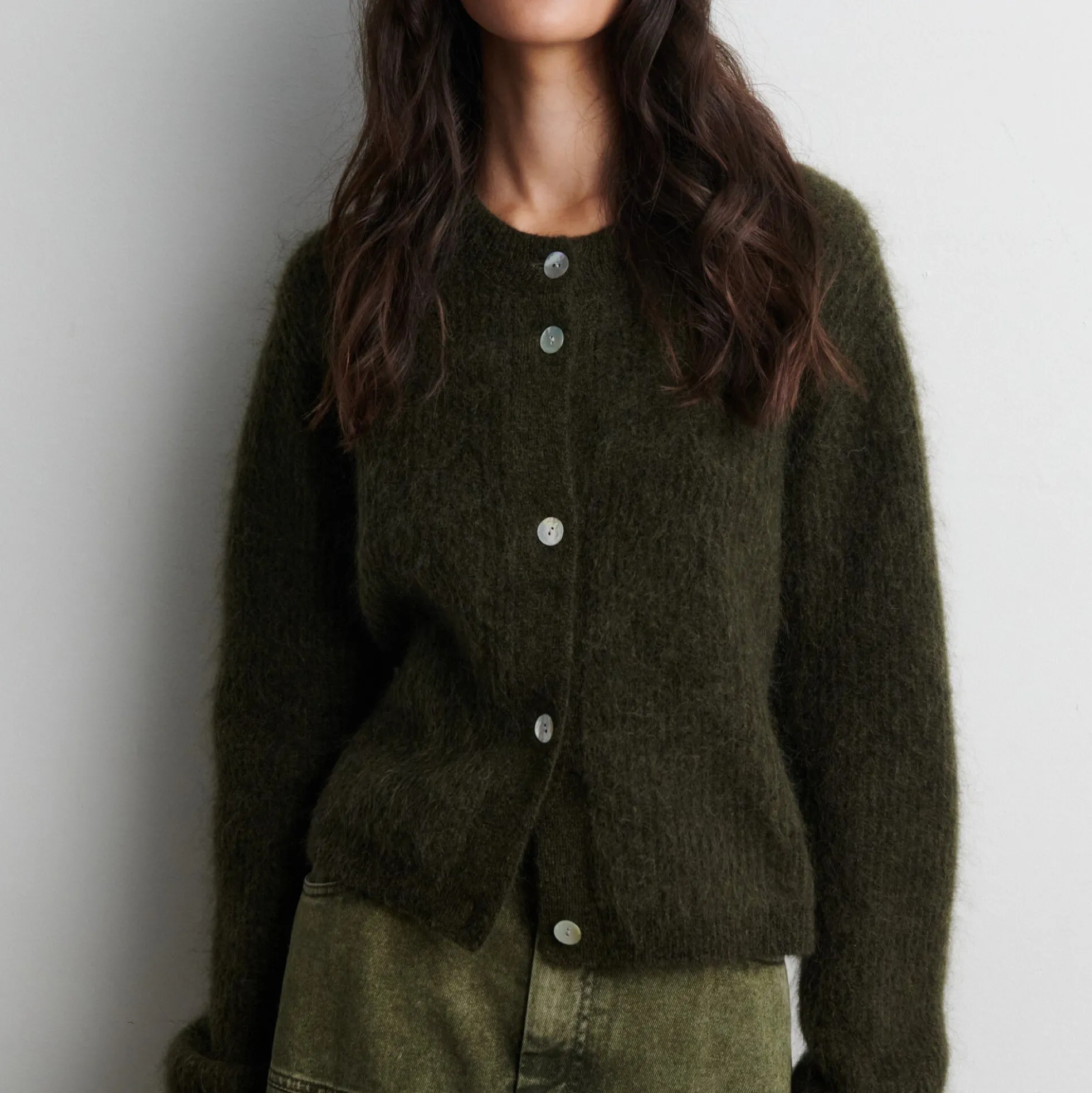 Andrea Knit Rib LS Cardigan, black olive