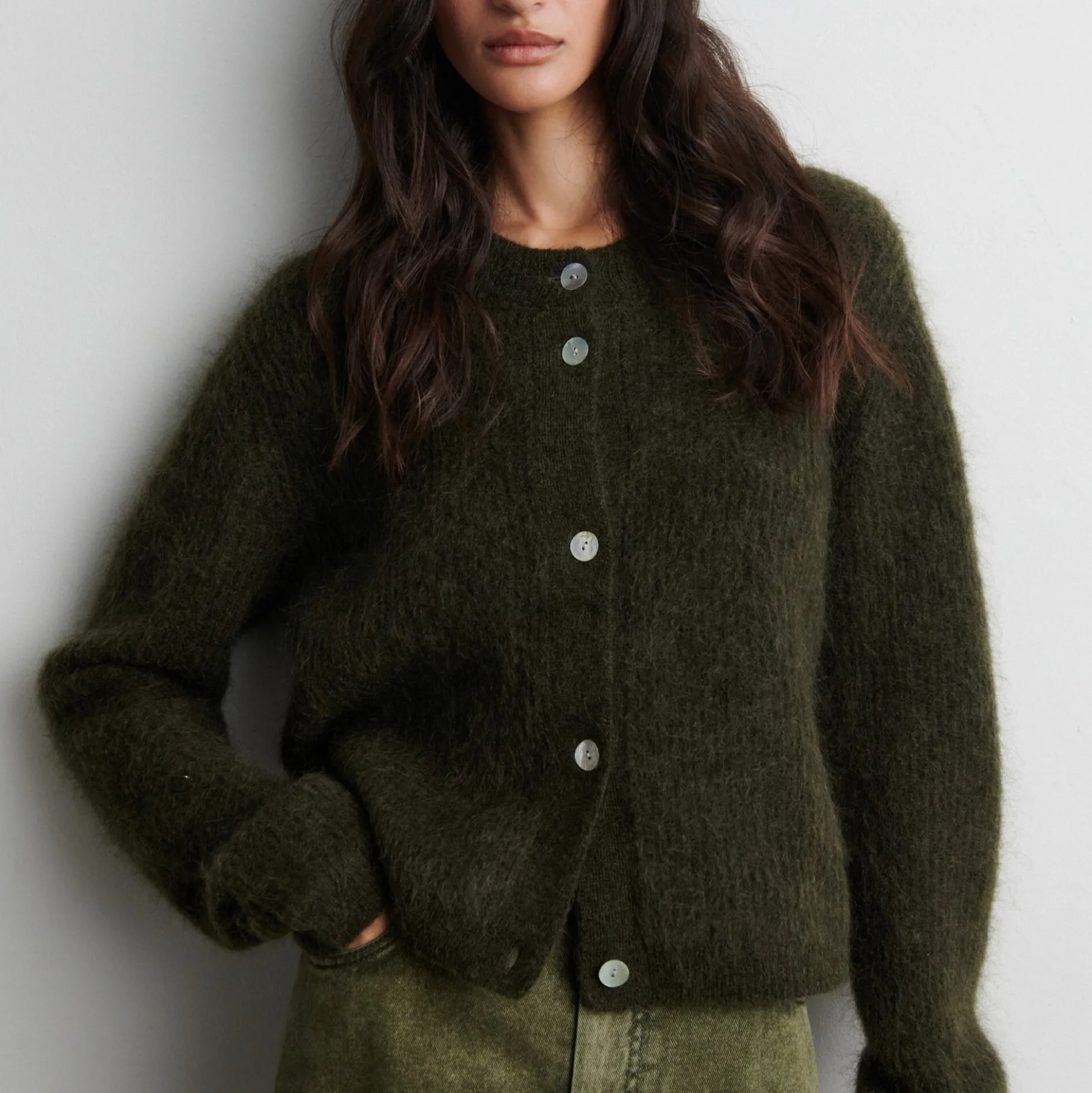 Andrea Knit Rib LS Cardigan, black olive