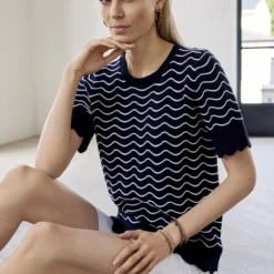 Basic Cotton Wave Knit, navy/white stripe