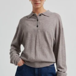 Claro Knit Polo, mid brown melange