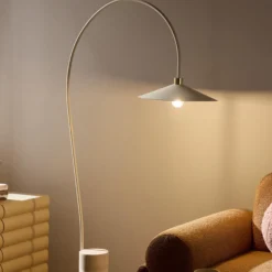 Cora Arc Floor Lamp with Travertine Base, beige