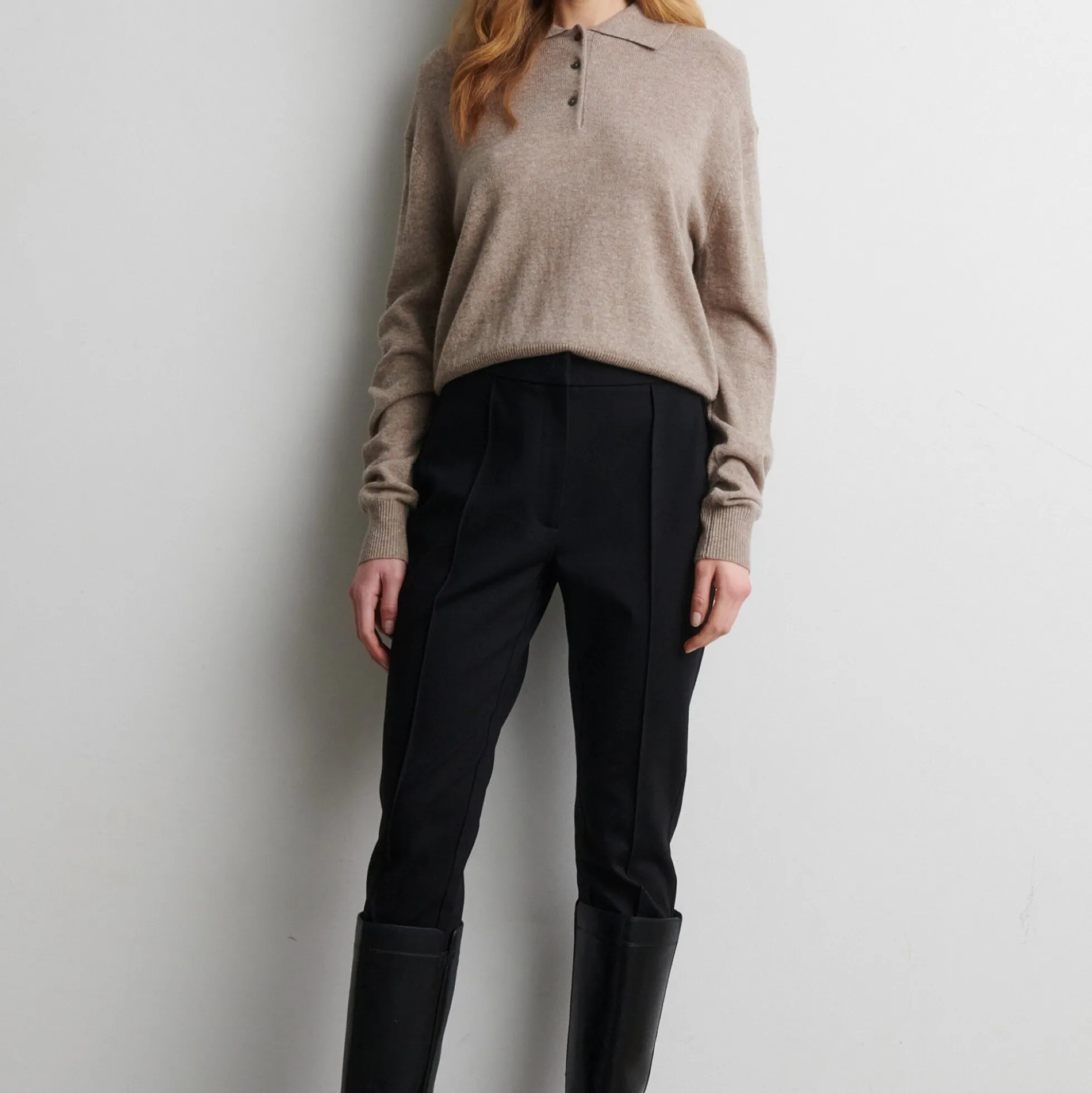 Longo Knit LS Collar, mid brown melange