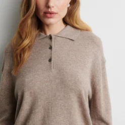 Longo Knit LS Collar, mid brown melange