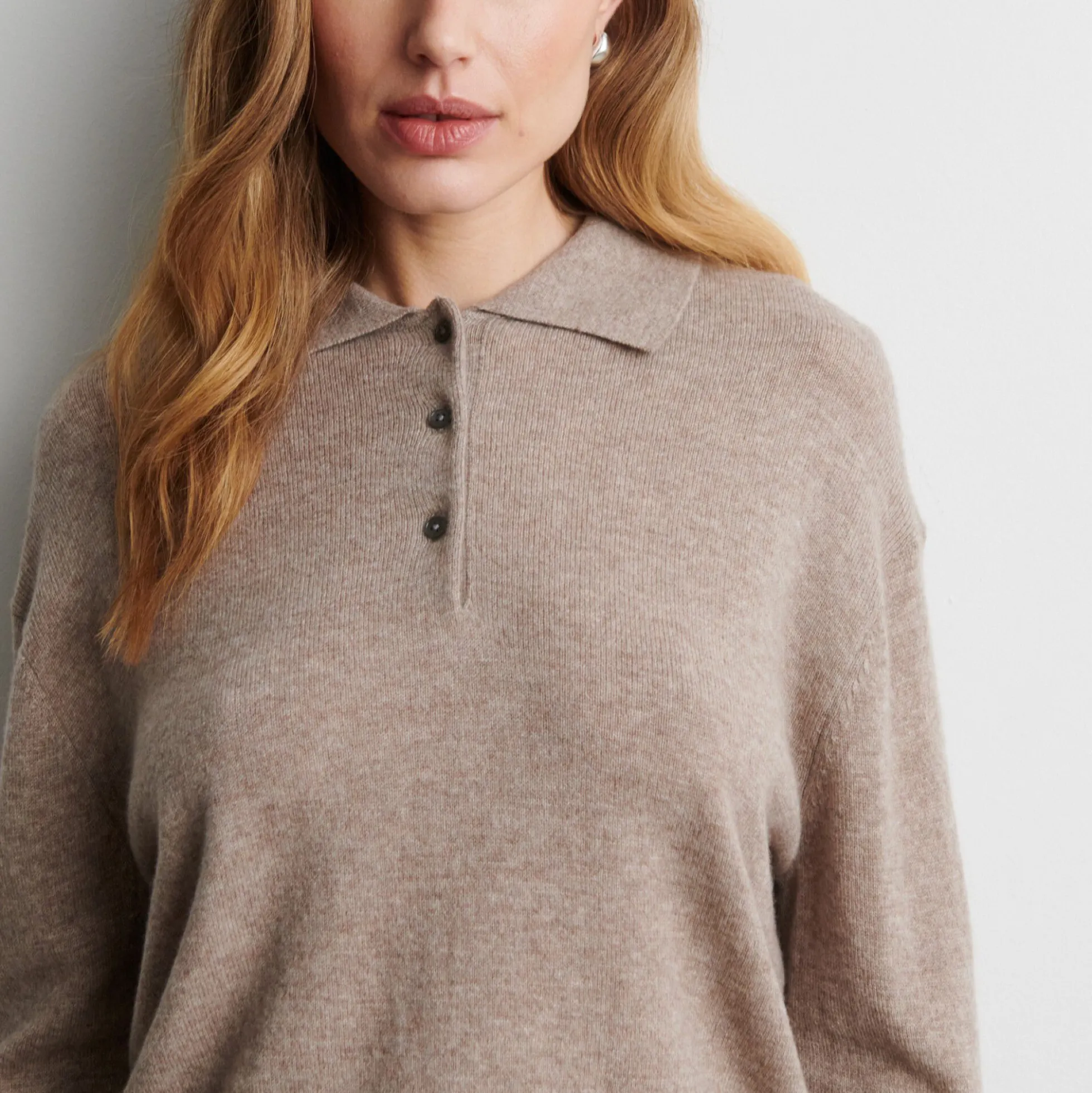 Longo Knit LS Collar, mid brown melange