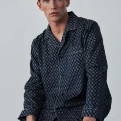 Megeve Pyjamas, navy off white print/grey piping