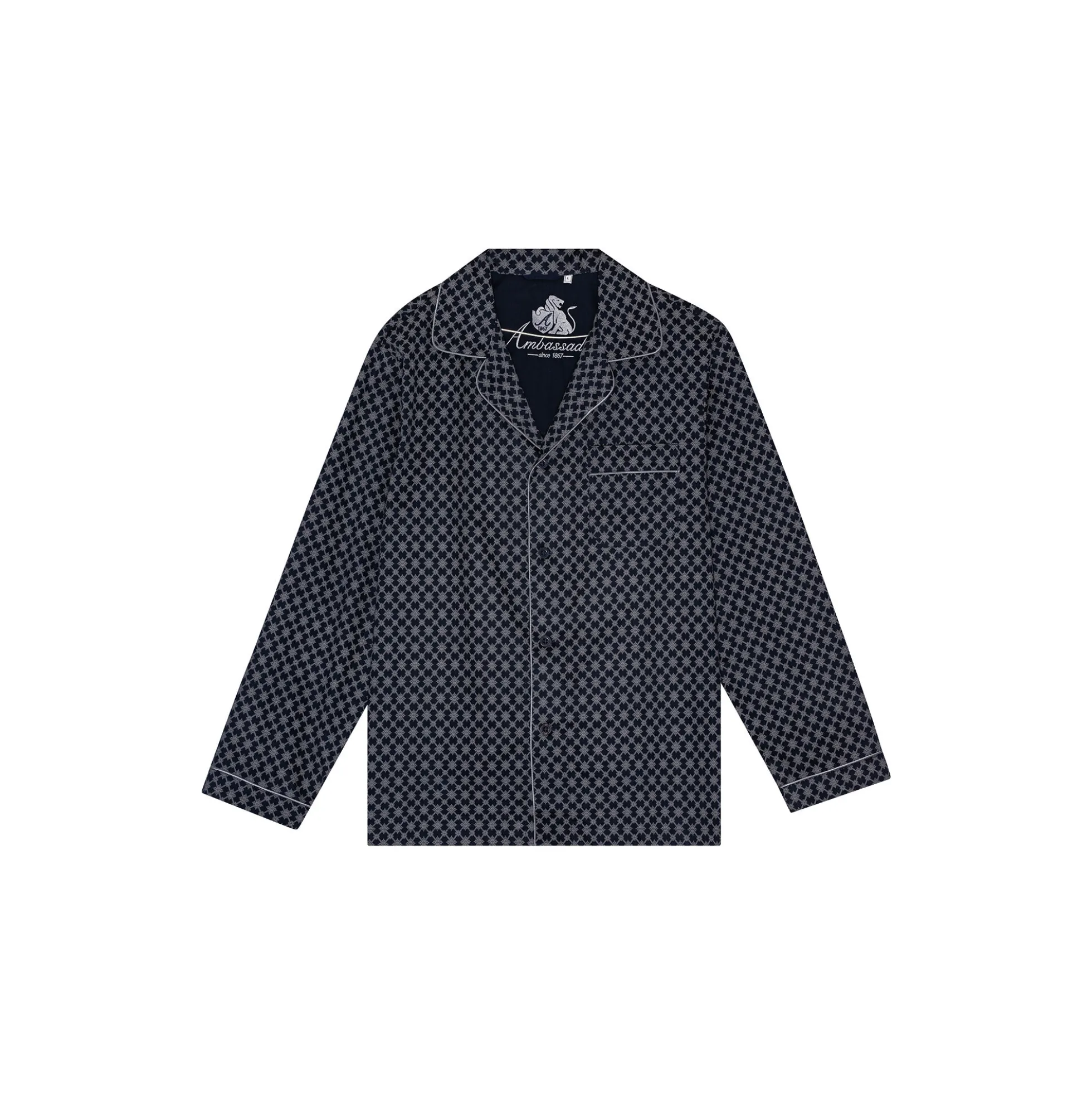 Megeve Pyjamas, navy off white print/grey piping