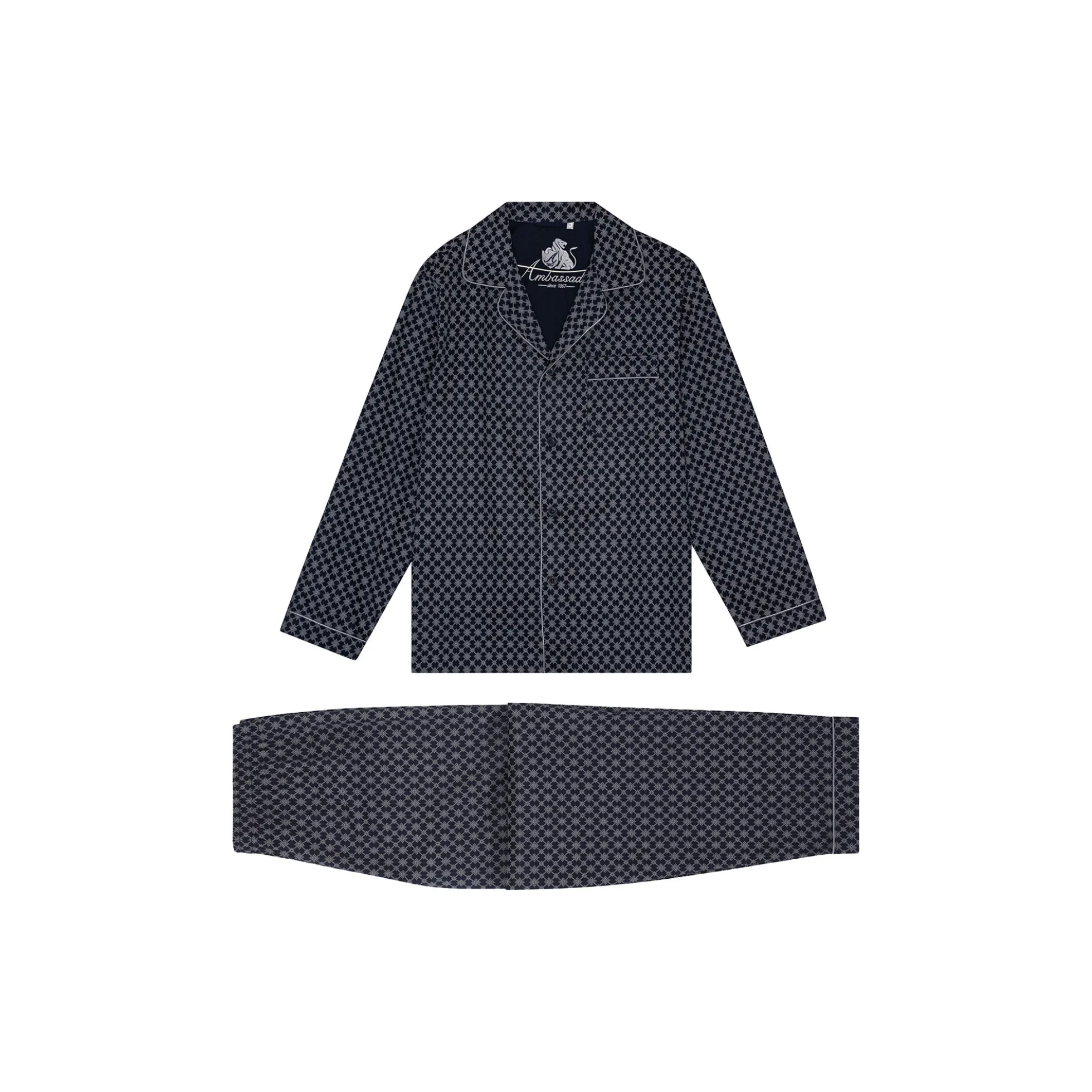 Megeve Pyjamas, navy off white print/grey piping