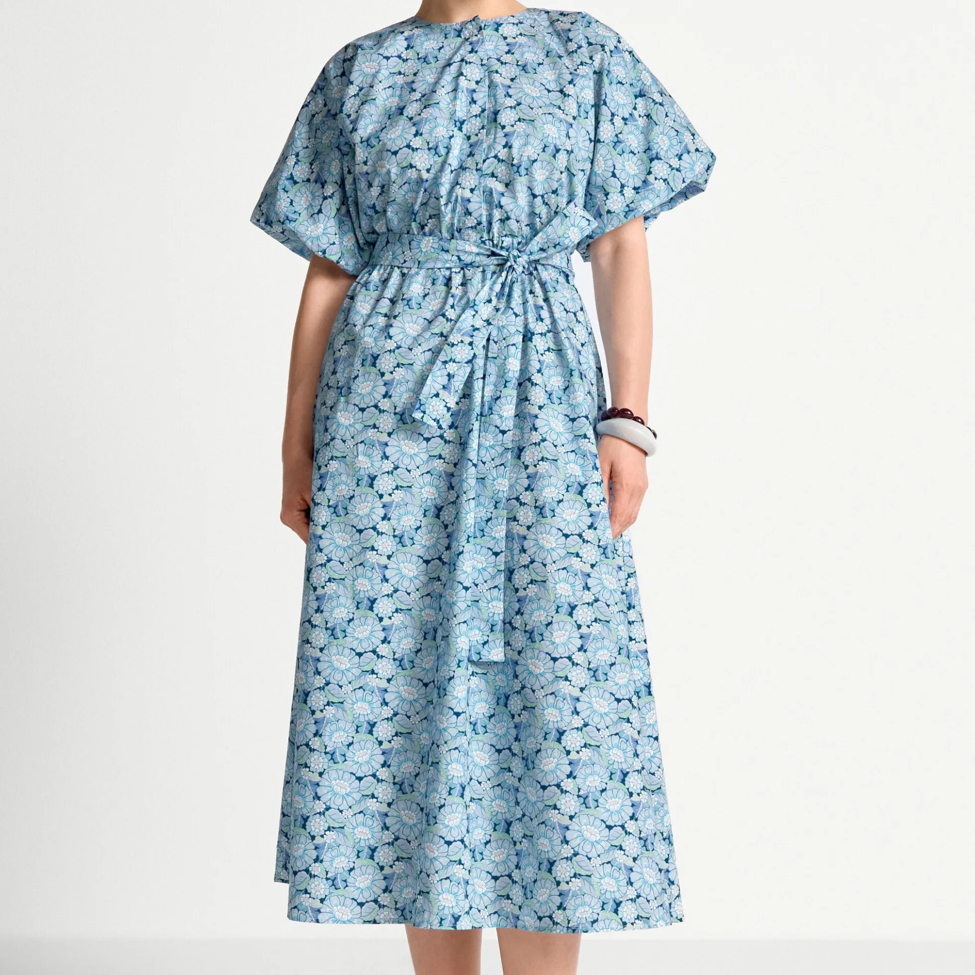 Printed Cotton Midi Dress, midnight blue