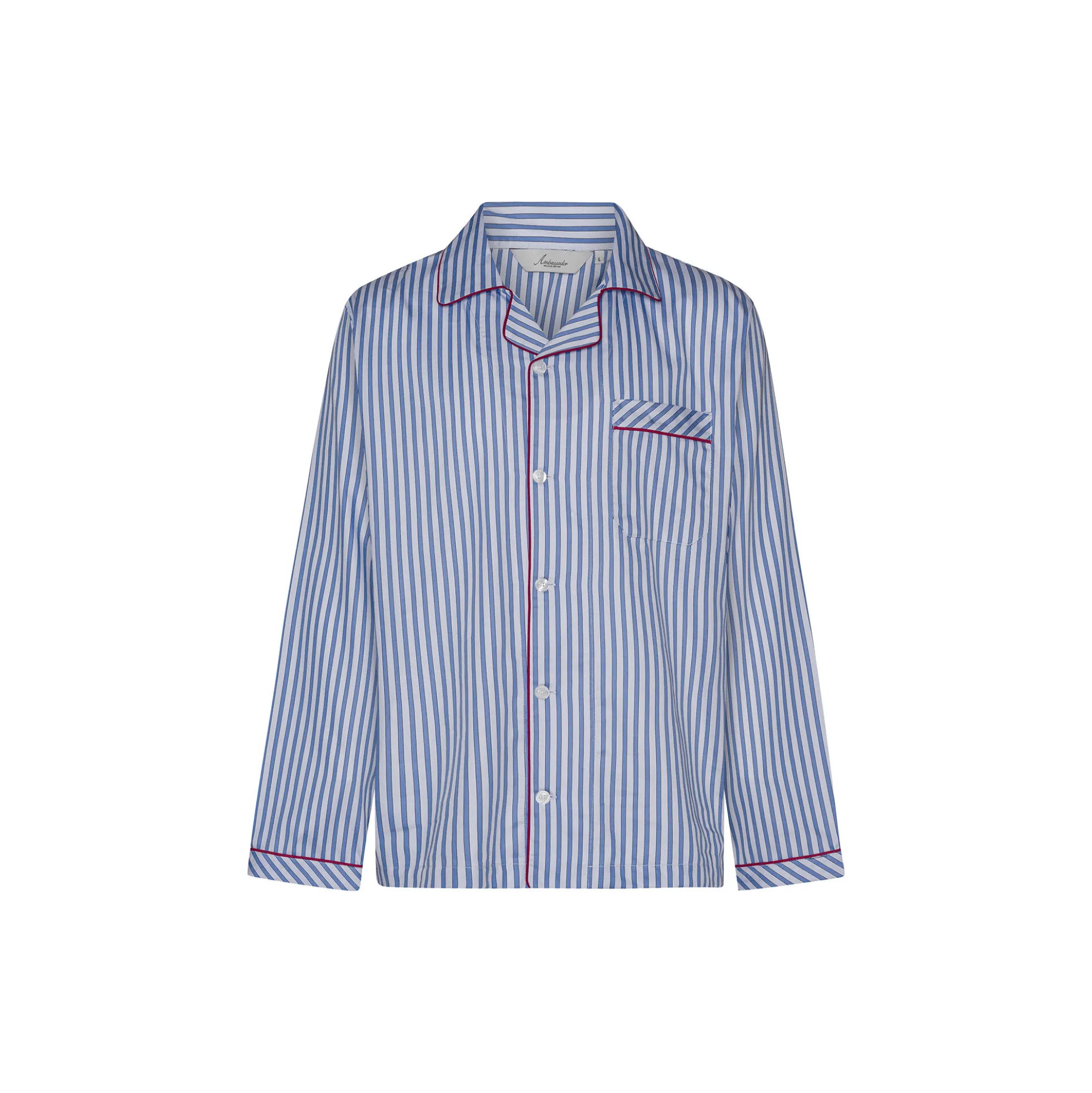 Rome Pyjamas, light blue strips/red piping