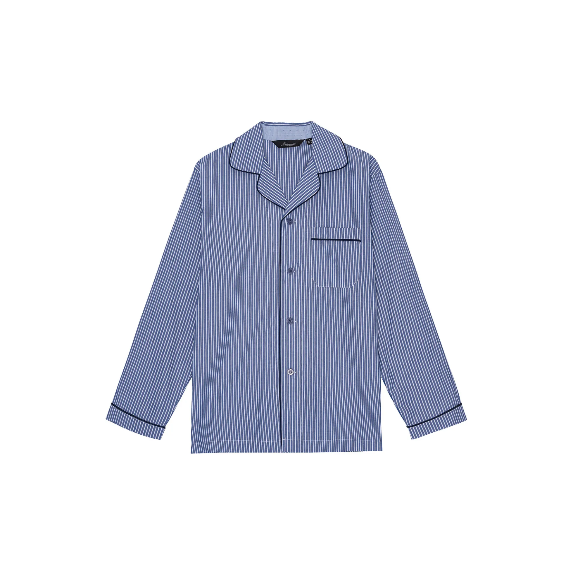 Salzburg Pyjamas, navy/light blue strips/navy piping
