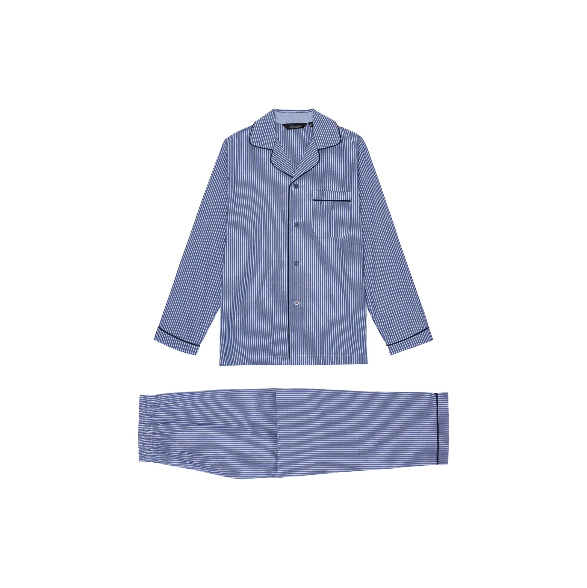 Salzburg Pyjamas, navy/light blue strips/navy piping