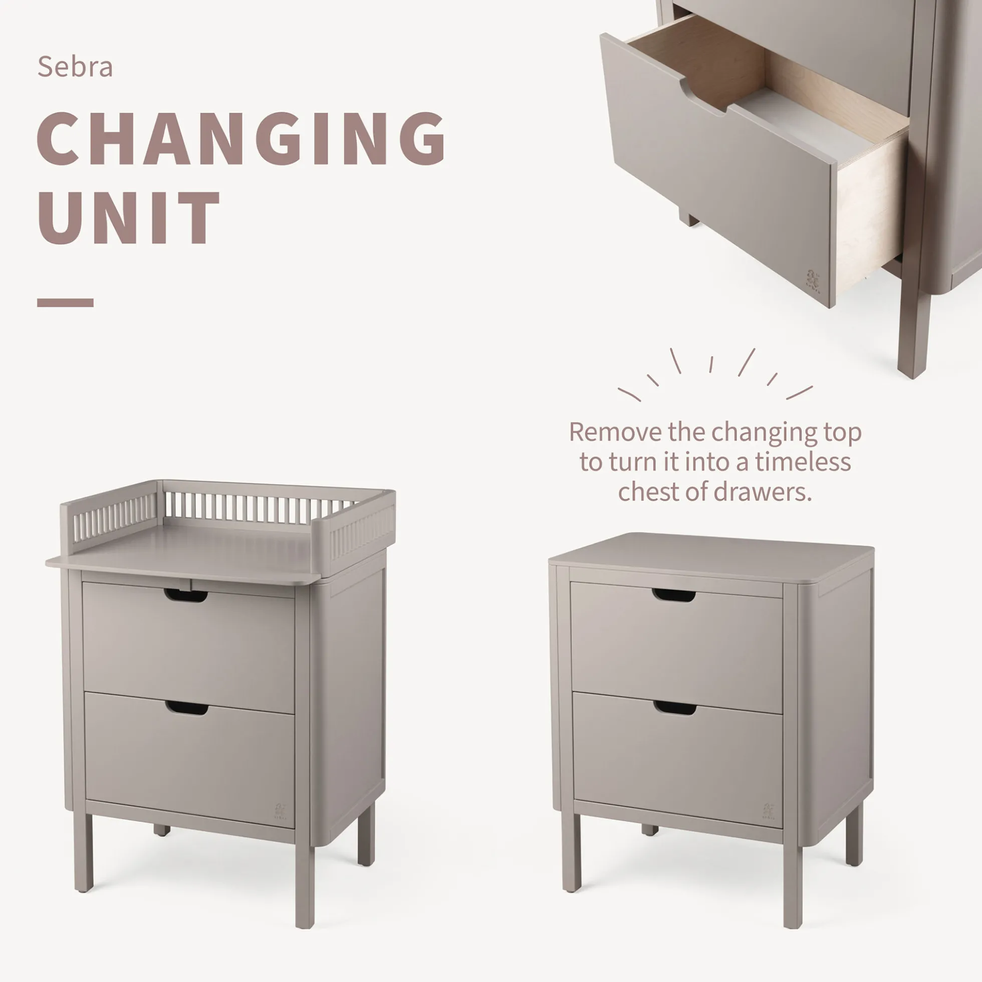 Sebra puslebordet med skuffer, jetty beige