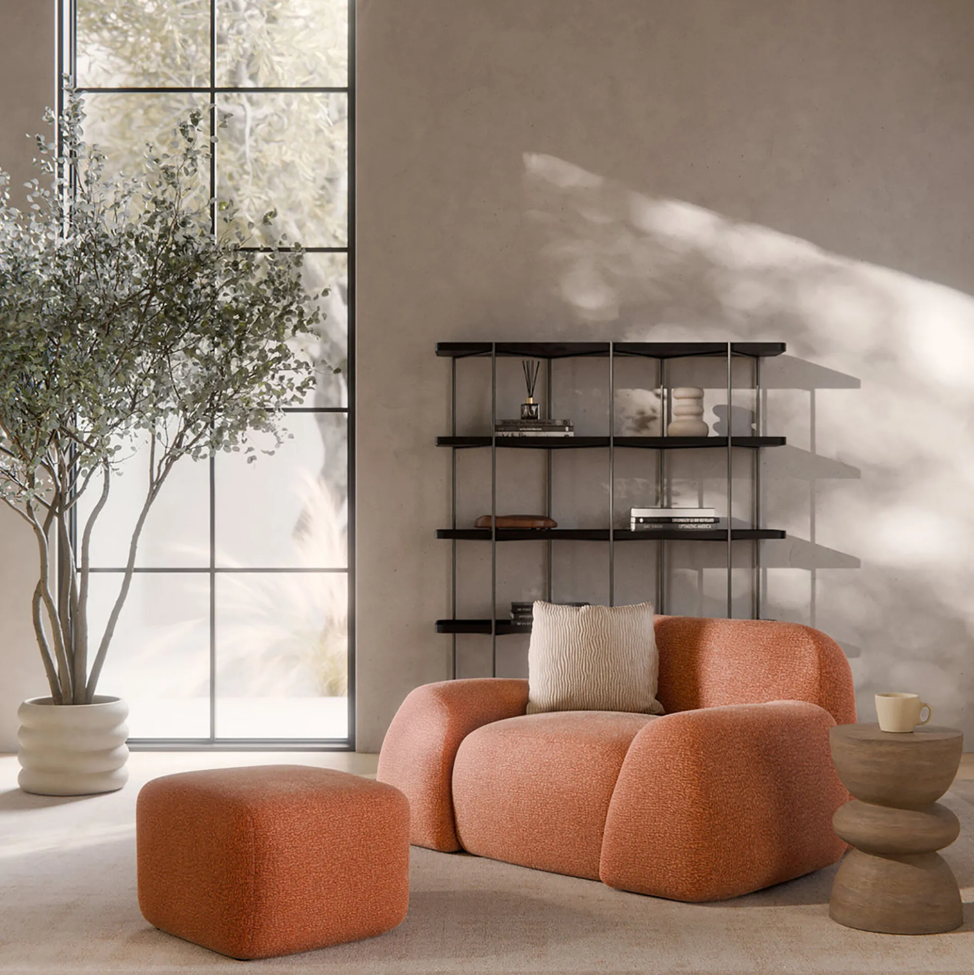Wolke Ottoman, velvety woven terracotta