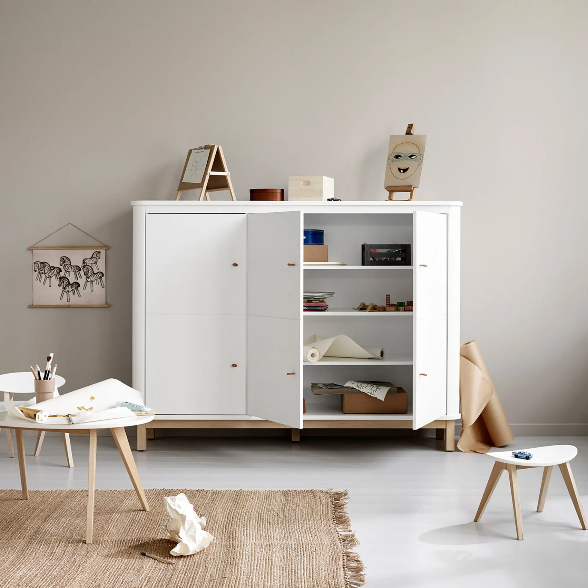Wood multiskab 3 døre, hvid/eg