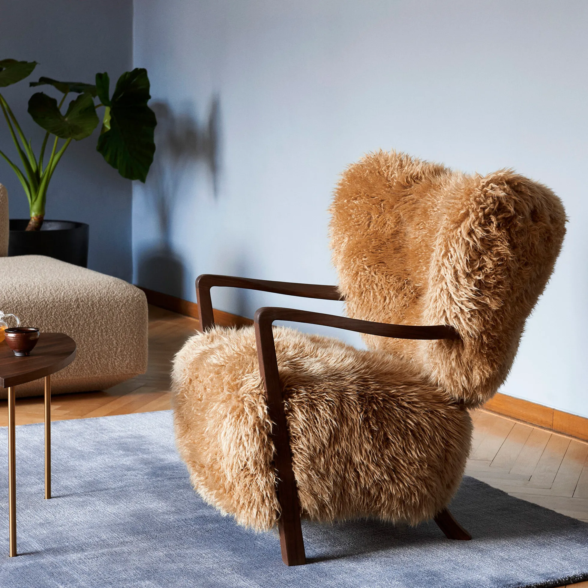 Wulff ATD2 Lounge Chair and ATD3 Pouf, Sheepskin honey/oiled walnut
