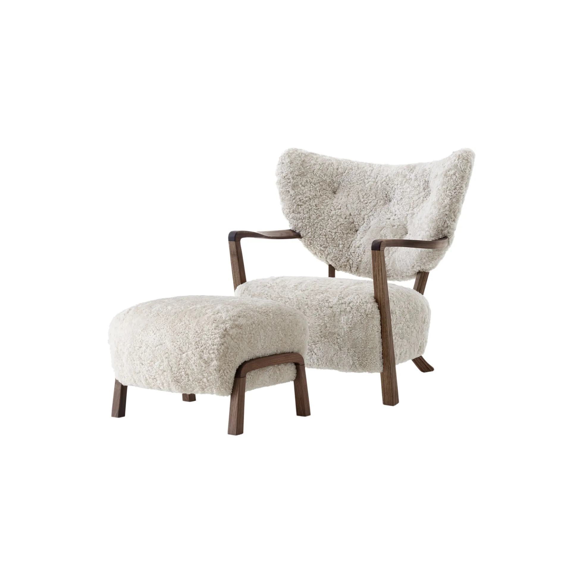 Wulff ATD2 Lounge Chair and ATD3 Pouf, Sheepskin moonlight/oiled walnut
