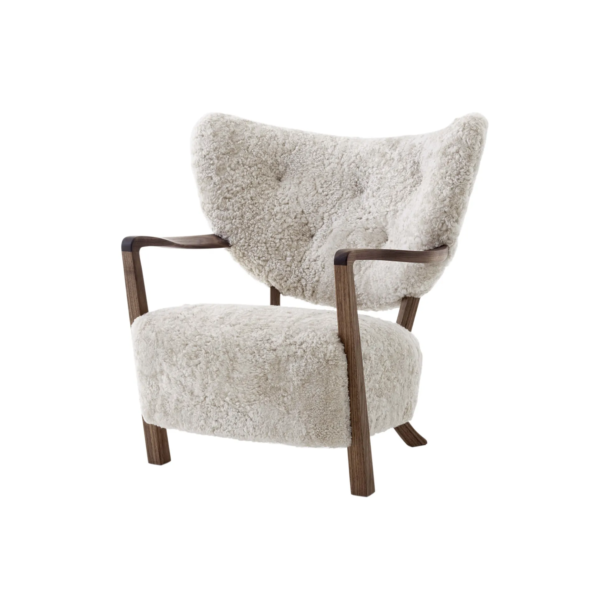 Wulff ATD2 Lounge Chair and ATD3 Pouf, Sheepskin moonlight/oiled walnut