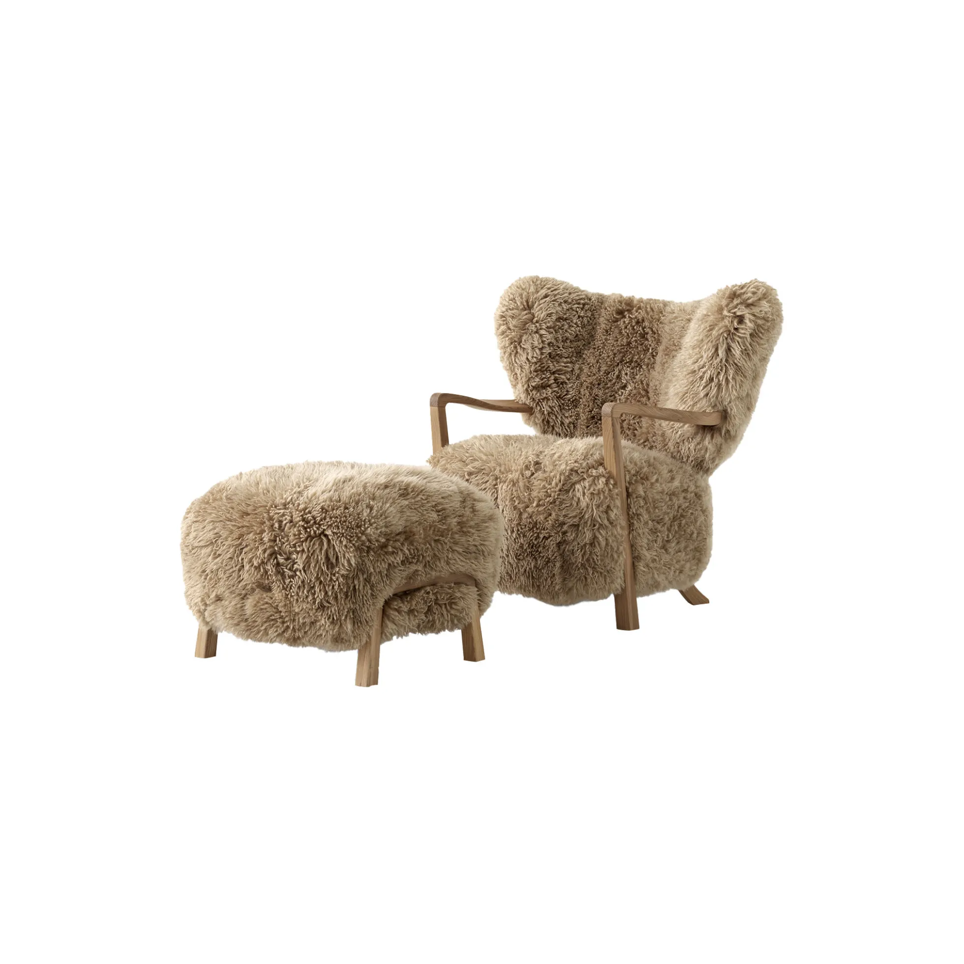 Wulff ATD2 Lounge Chair and ATD3 Pouf, Sheepskin honey/oiled oak