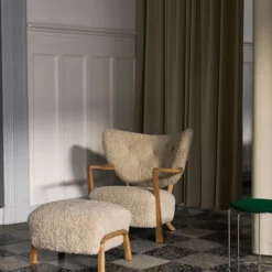 Wulff ATD2 Lounge Chair and ATD3 Pouf, Sheepskin moonlight/oiled oak
